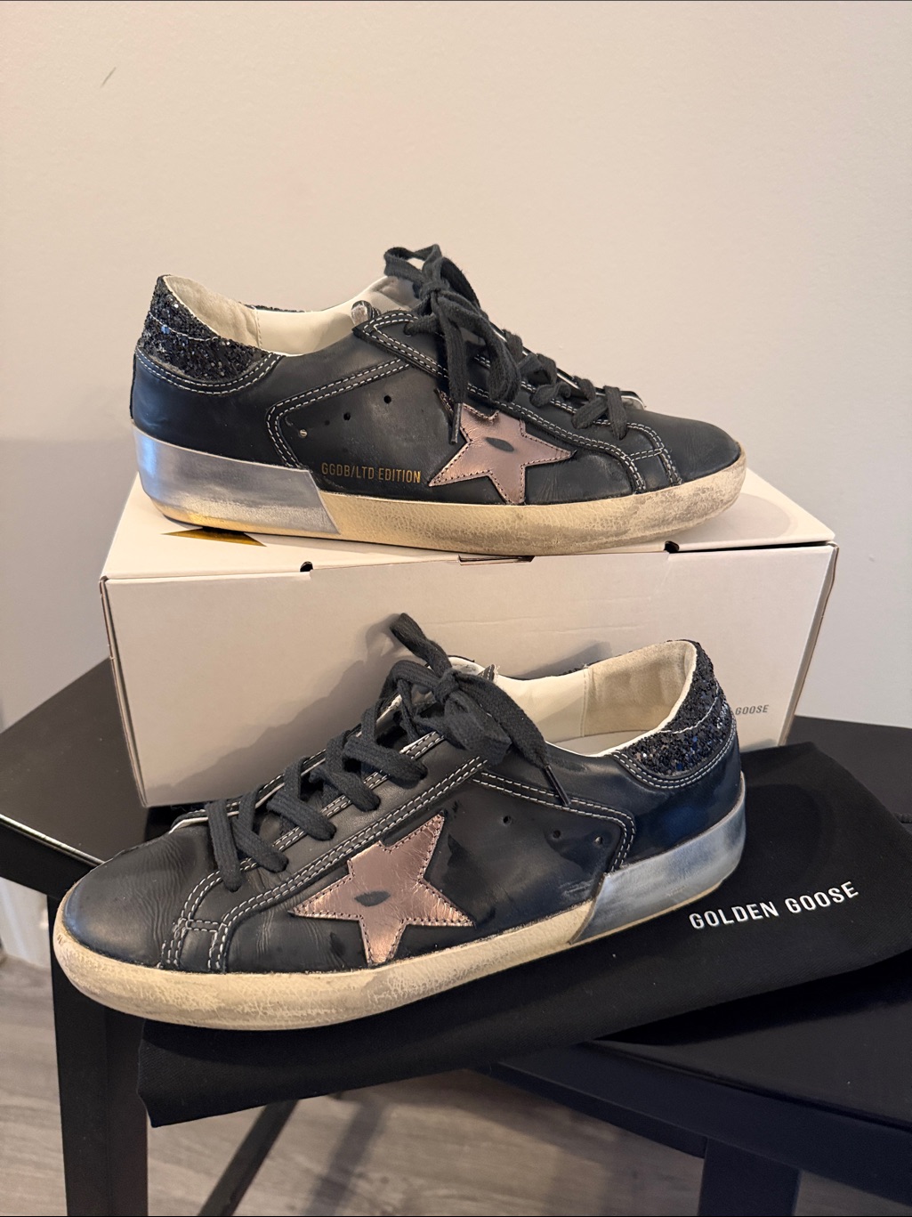 Golden Goose Black Leather Sneakers With Gold Star Accent And Glitter Heel